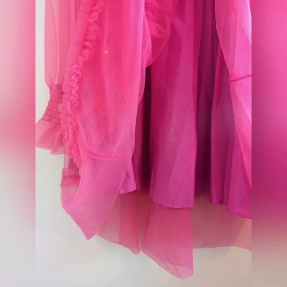 SHEIN Plus Ruffle Hem Shirred Flounce Sleeve Mesh Dress Hot Pink - Picture 4 of 5